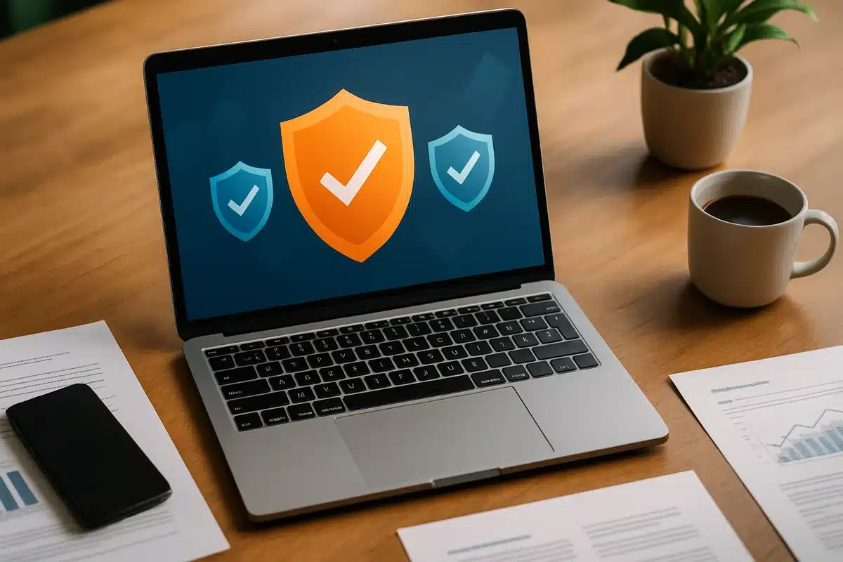 Bureau professionnel avec laptop affichant écrans de sécurité pour évaluation fiabilité Veigaro 2024