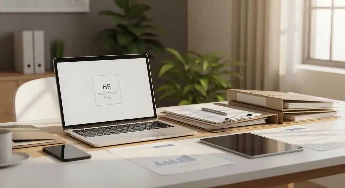 Bureau moderne avec ordinateur portable affichant interface Arkevia pour gestion RH numérique