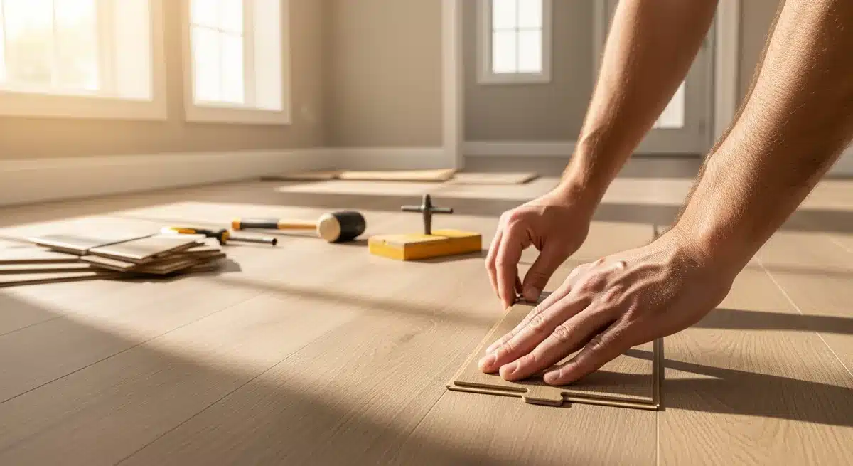 Installation de balatome avec système d'emboîtement dans salon moderne aux tons neutres