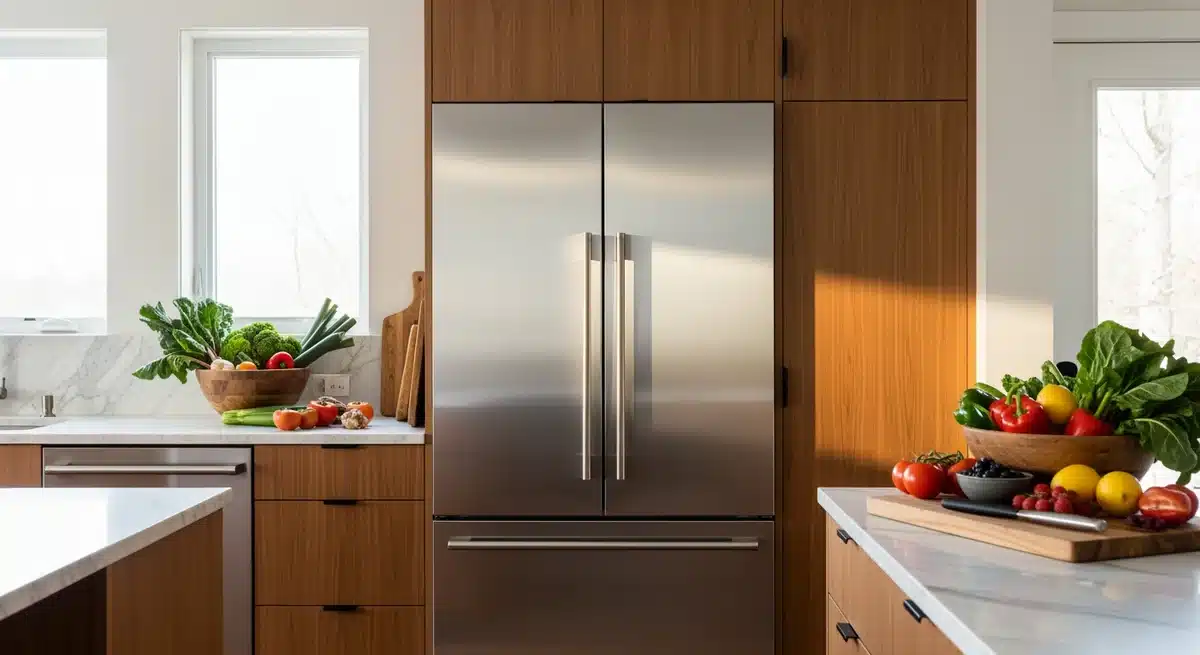 Frigo congélateur electro dépôt moderne en acier inoxydable dans cuisine contemporaine avec plan marbre
