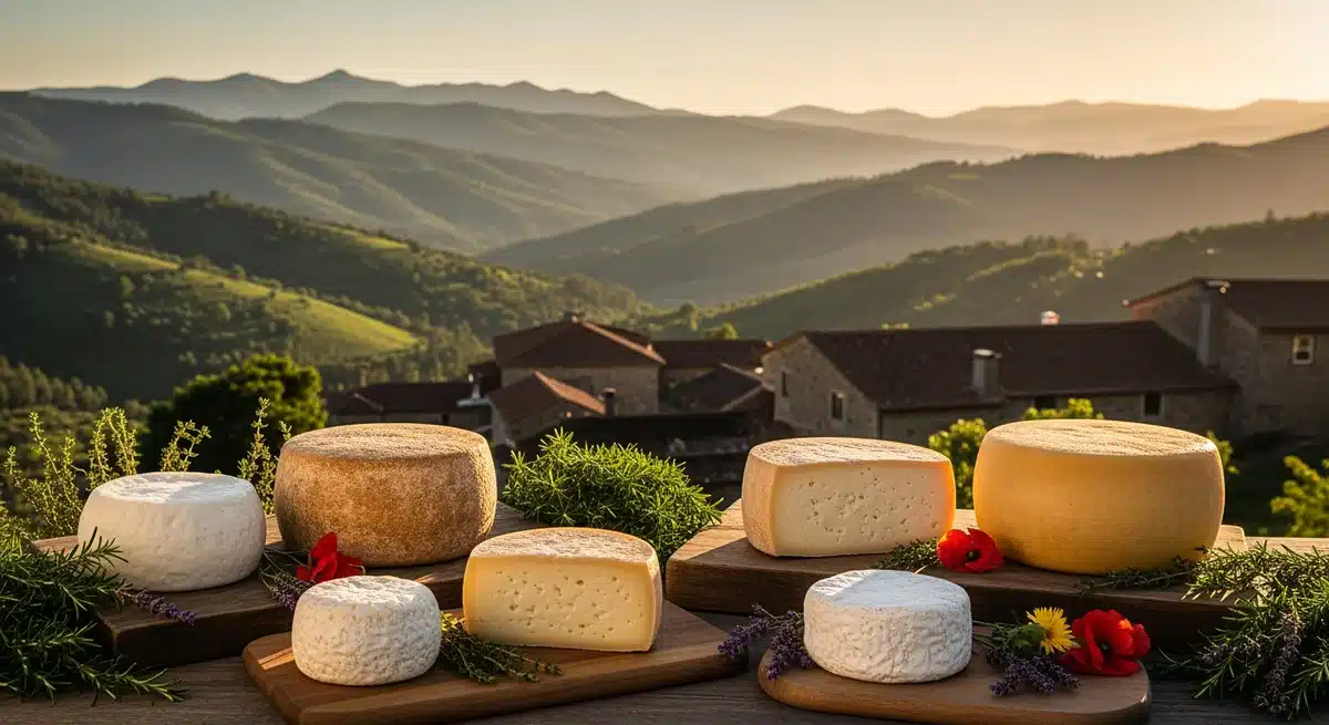 Fromages artisanaux de Malcata sur plateau rustique avec paysage portugais verdoyant en arrière-plan