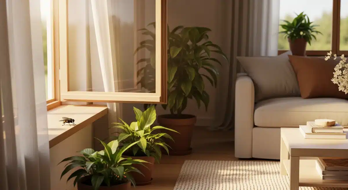Mouche dans la maison signification - mouche posée sur rebord de fenêtre dans salon moderne lumineux