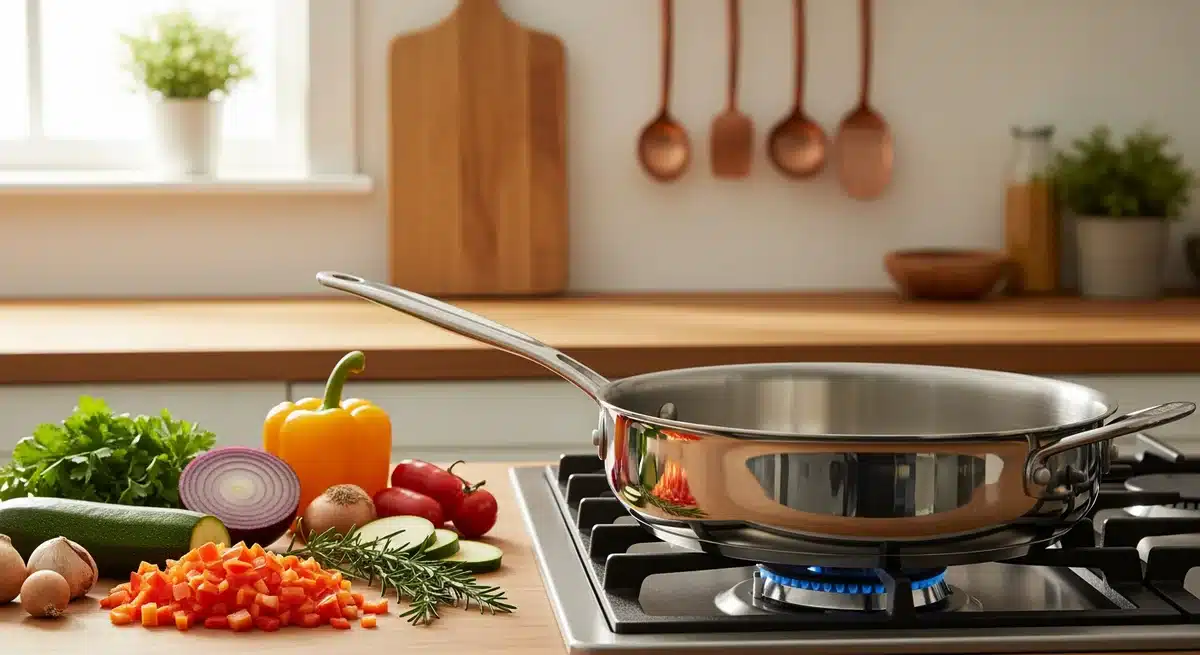Poêle inox professionnelle sur cuisinière moderne avec légumes frais et ustensiles en cuivre