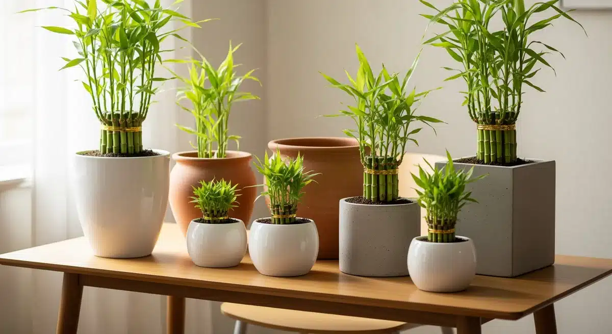Différents pots pour bambou en céramique, terre cuite et béton avec plantes de bambou sur table