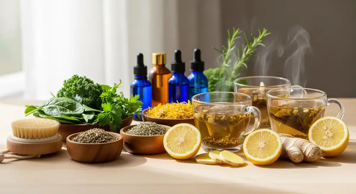 Remèdes naturels pour drainage lymphatique avec tisanes, gingembre, citron et huiles essentielles
