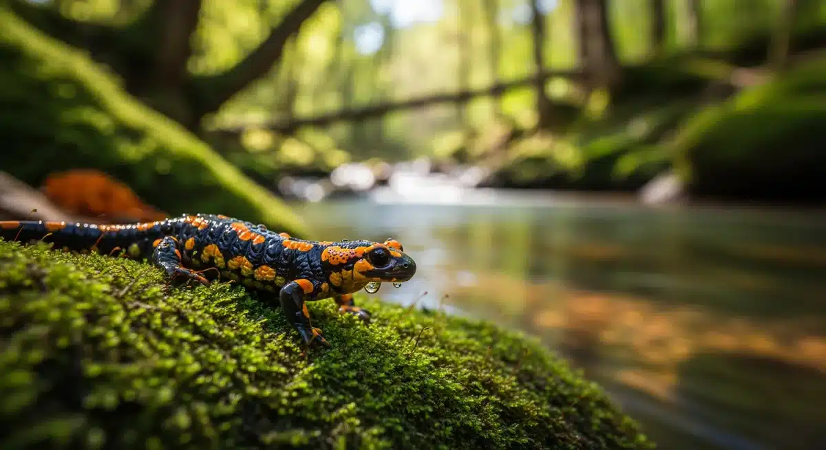 Salamda sur rochers moussus près d'un ruisseau forestier, texture de peau détaillée visible