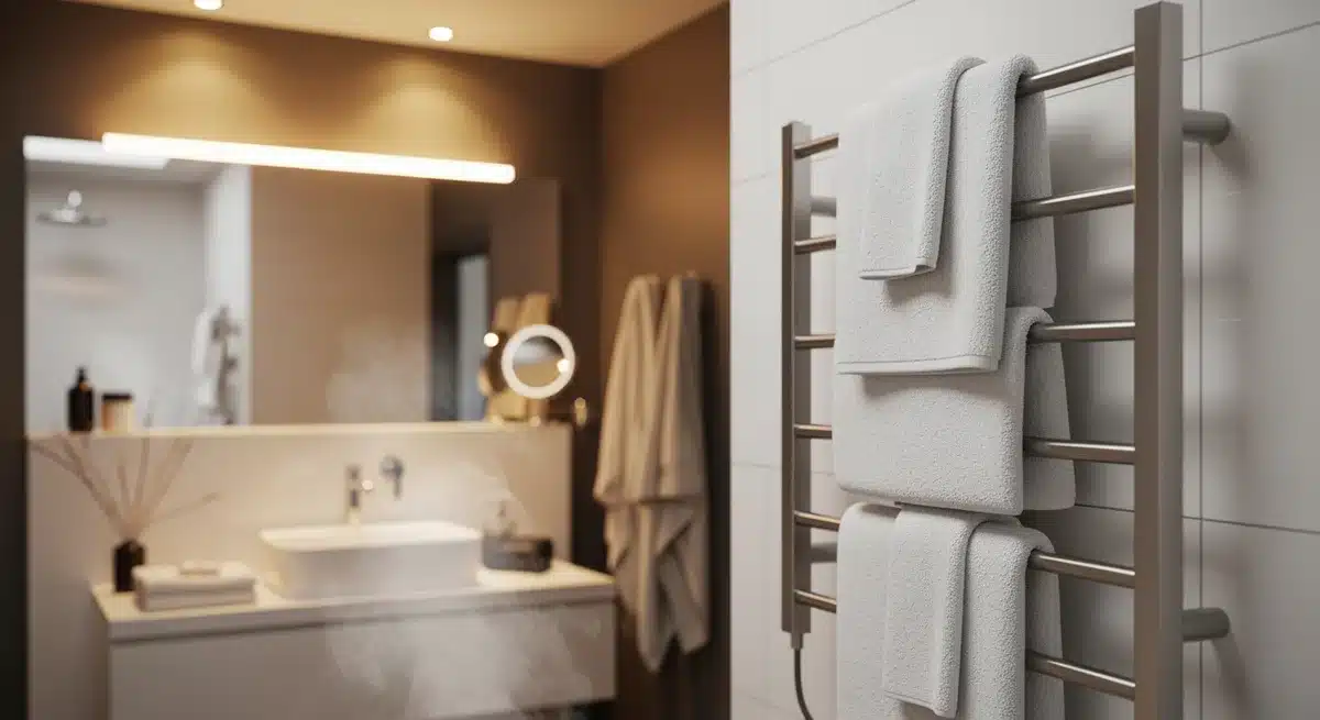 Sèche serviette électrique et soufflant moderne dans salle de bain contemporaine avec serviettes blanches