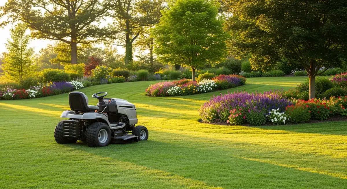 Tondeuse autoportée moderne sur pelouse verte avec jardin paysager et terrain varié en arrière-plan