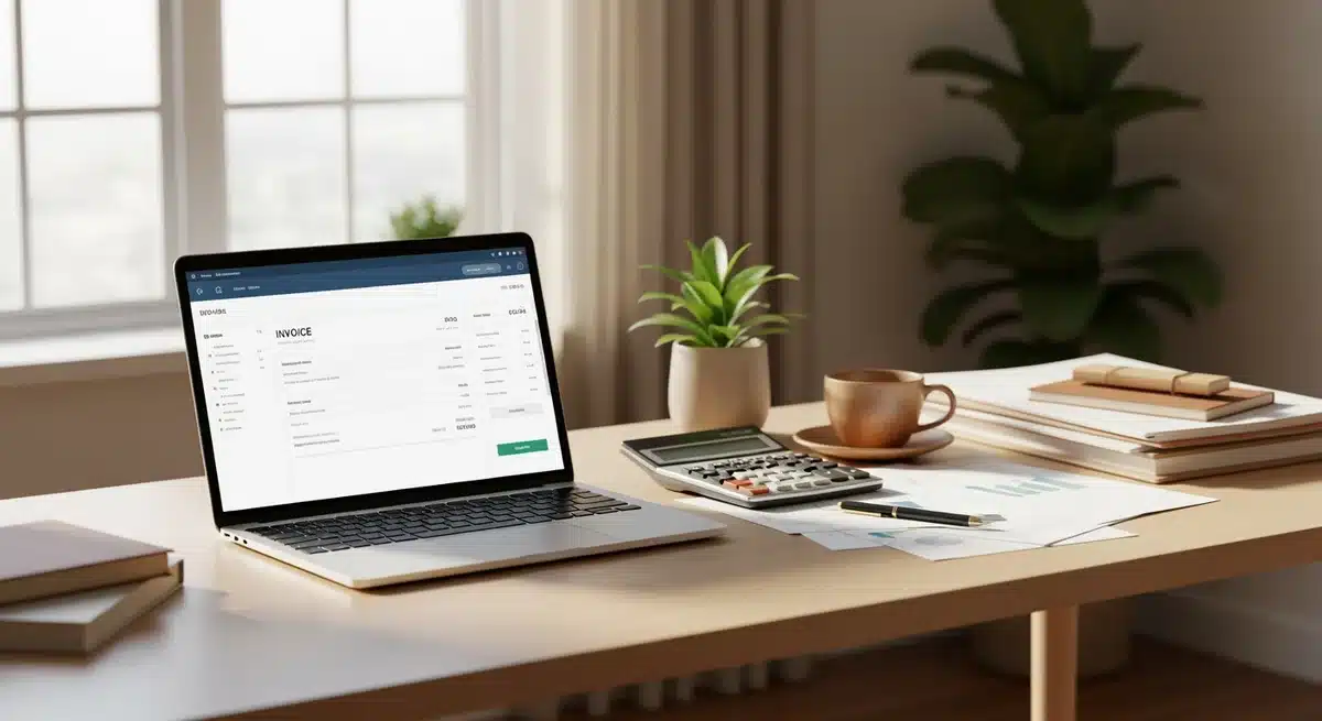 Bureau professionnel avec ordinateur portable affichant interface Zevant pour facturation gratuite